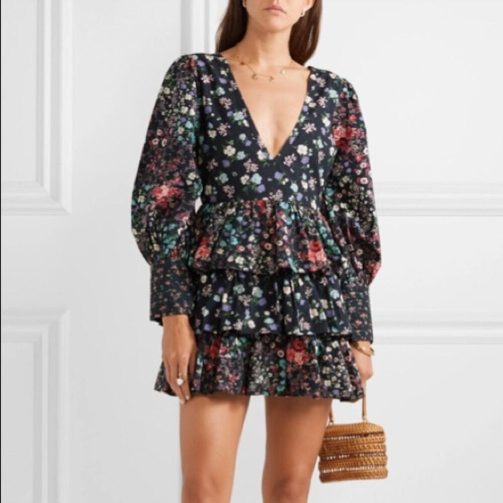 Loveshackfancy Paris Black Floral Cotton Voile Tiered Ruffle Mini Dress Small